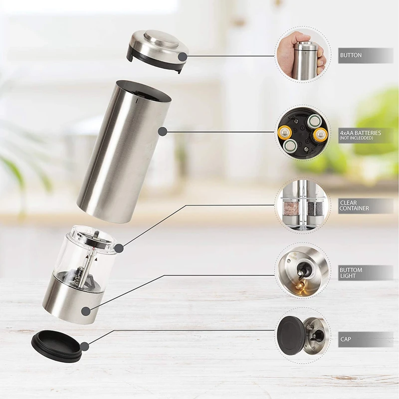 Electric Salt and Pepper Grinder Set- Battery Operated, Stainless Steel, Refillable and Adjustable Ceramic Coarseness Core Sh