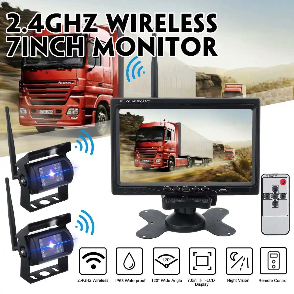 

7" Wireless Car Monitor TFT LCD Car Rear View Camera HD monitor for Truck Camera support Bus RV Van DVD Reverse Camera