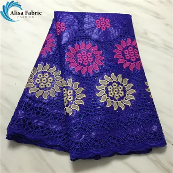 

Alisa royal blue french bazin lace riche african cotton fabrics 2020 high quality sunflower embroidered hollow design for sewing