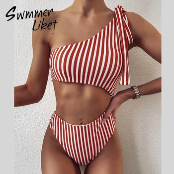 

Striped bikini One shoulder bathing suit Bandage swimming suit for women Sexy swimsuit female 2020 swimwear women monokini new
