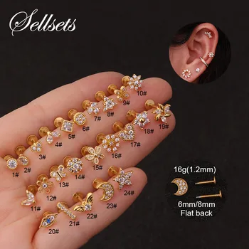 

New Arrival 16Gx6/8mm Flat Labret Back Ear Piercing Crystal Cz Mini Cartilage Helix Daith Conch Rook Tragus Earring Stud