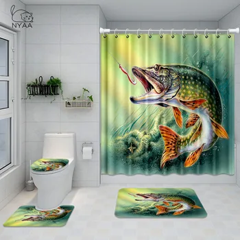

NYAA Bass Fish And Fishing Rod Bathroom Set Green Modern Art Printing Waterproof Shower Curtain Toilet Cover Mat Non Slip Rug