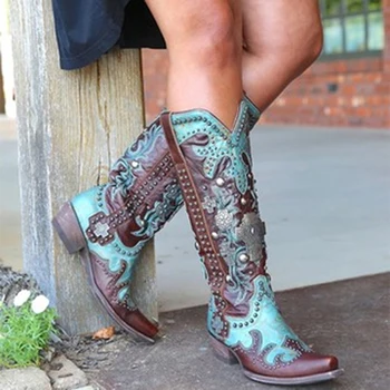 

Women Fashion Boots Spring Low Heel Women Shoes Cool British Embroidered Design Soft Short Boots Party Knee High Boots Blue