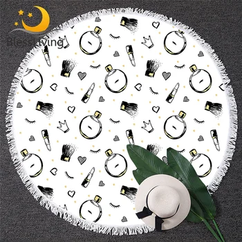 

BlessLiving Cosmetics Perfume Towels Bathroom Fashion Girls Round Beach Towel Lipstick Hearts Print Beach Mat Toalla Dropship