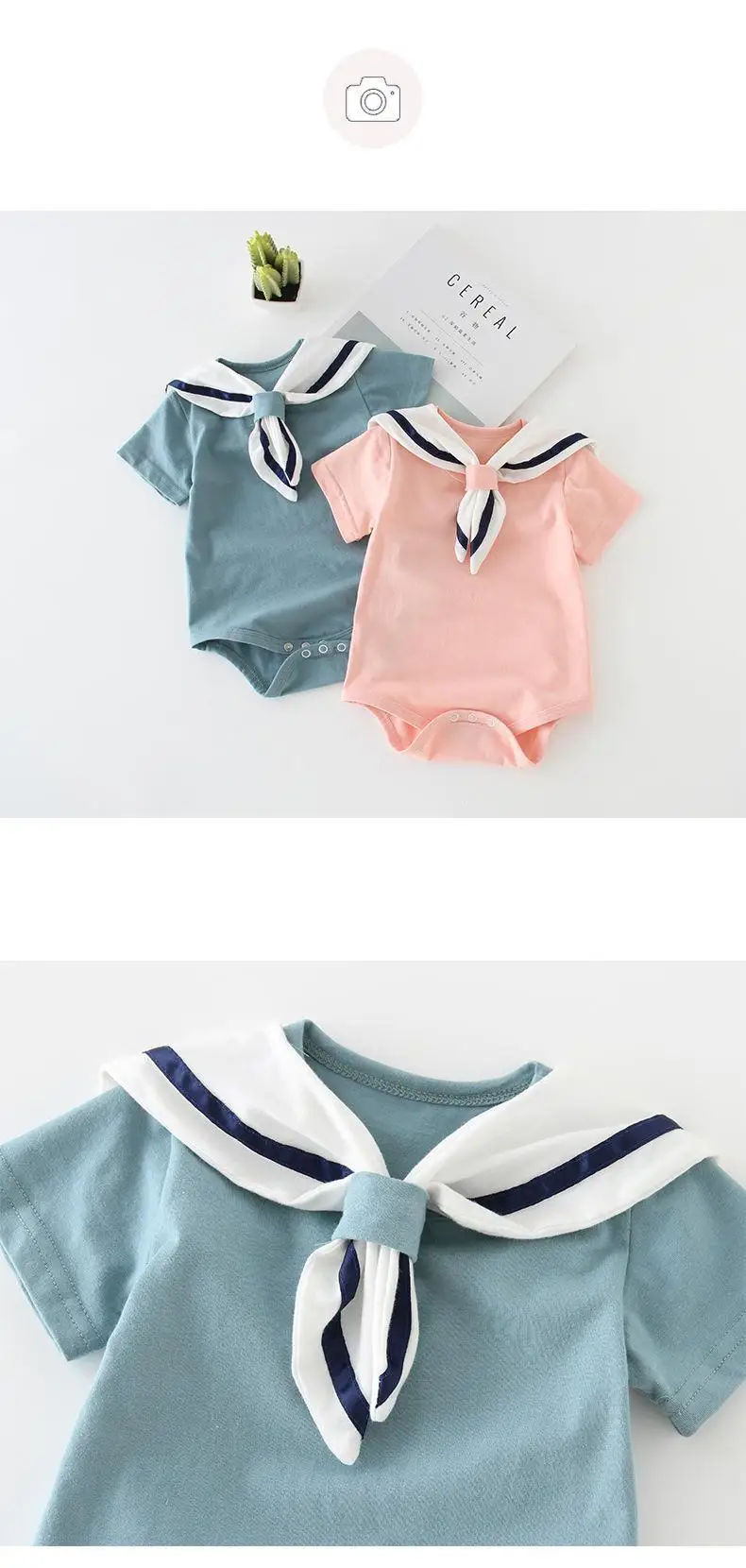 Infant Bodysuits Summer Newborn Baby Clothes Blue Pink Short Sleeve Pure Cotton Sailor Collar Playsuits Baby Boys Girls Clothes Baby Jumpsuit Cotton 