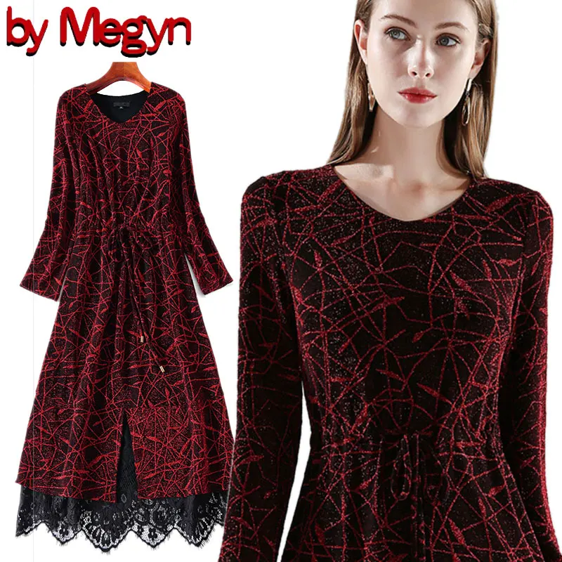 

2019 autumn winter dress elegant christmas dress shinny lace jurk Платье женское office work dress long sleeve autumn decoratio