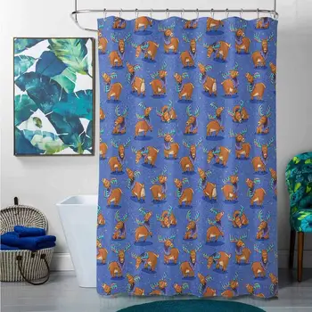 

Teal Shower Curtains for Bathroom Sets Moose,Hand Drawn Style Funny Cartoon Characters Elks with Rainbow Antlers Friendly