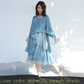 

LANMREM 2020 spring summre new fashion Hit Color patchwork Mid-length Chiffon Dress Women Streetwear large Size Loose clothPC897