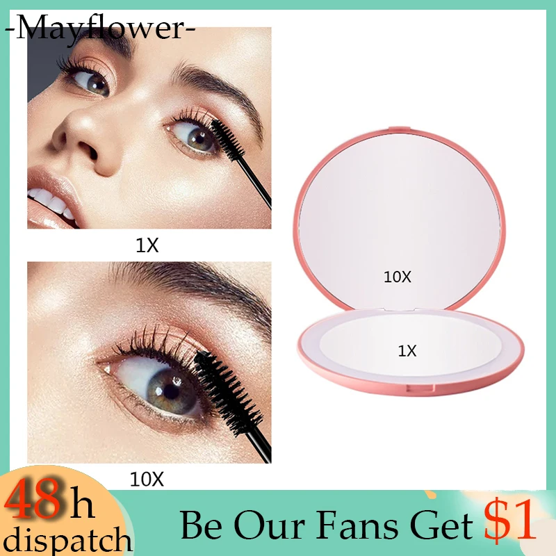 LED Makeup Mirror 10x Magnifying Cosmetic Mirror With LED Light Mini Compact Pocket Round Makeup Mirror Espejo Maquillaje Luz