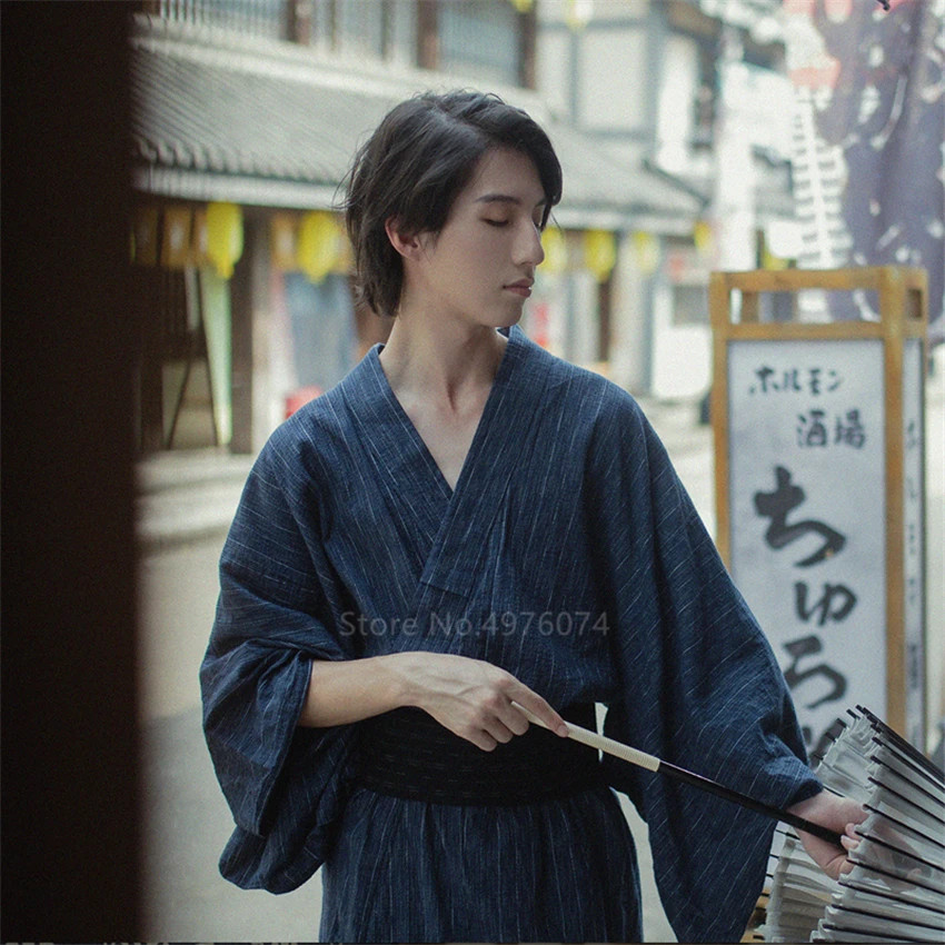 Men Japanese Samurai Costumes Kimono Home Wear Loose Cotton Jinbei Yukata Traditional Clothing Pajamas Sauna Nightgown Robe
