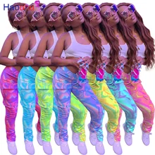 

HAOOHU Autumn Winter Women Elastic Tie Dye Jogger Pants Sportwear Active Pocket Trousers Ripped Sweatpants