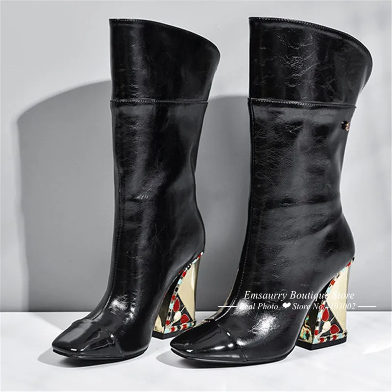 Gold Mid Calf Boot Women Autumn Spring Patchwork Black Square Toe Party Bottes Chunky Square High Heel Boots Woman Female