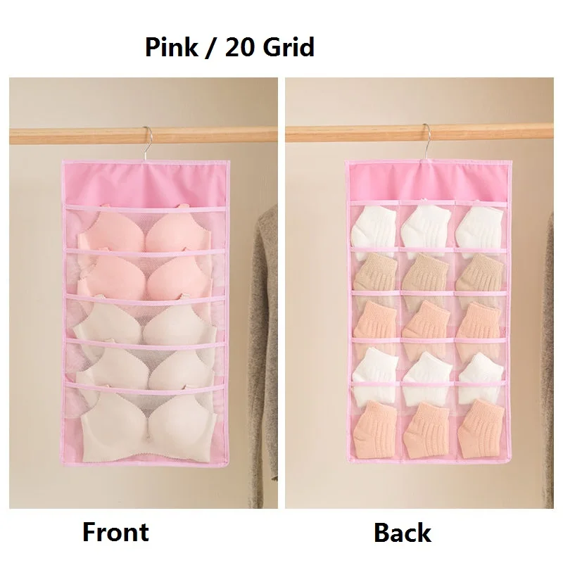 1 шт. висячая сумка Носки Бюстгальтер органайзер для хранения нижнего белья складная двухсторонняя сумка для хранения вешалка для шкафа для Одежды Органайзер - Цвет: Pink 20 grid 1Piece