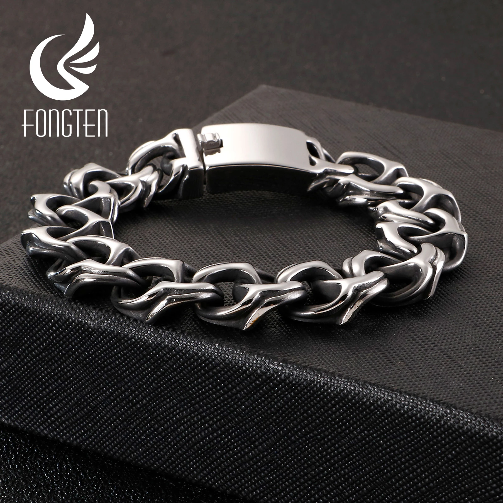 Pulsera de cadena de eslabón fresco Retro de Fongten, brazalete de Hip Hop con grabado de acero inoxidable negro para hombre, joyería masculina|Pulseras brazalete| - AliExpress