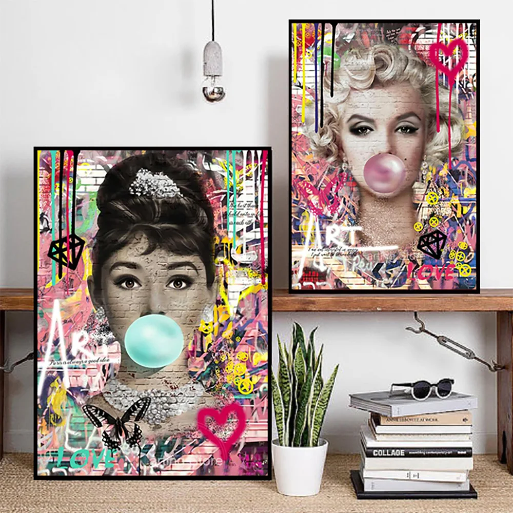 Graffiti Art Monroe And Hepburn Bubble Canvas Painting Classic Beauty Poster Prints Wall Picture Living Room Home Decor | Дом и сад