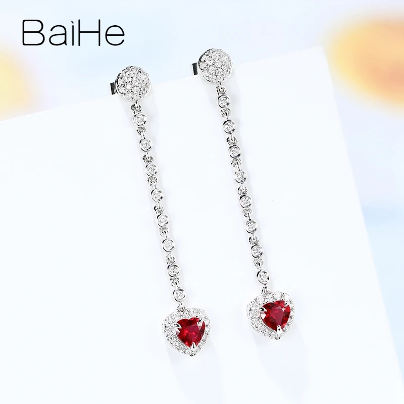 BAIHE Твердое 14 к белое золото 0.40ct натуральный рубис 0.25ct H/SI натуральные бриллианты модные ювелирные украшения красивые серьги-гвоздики в форме сердца