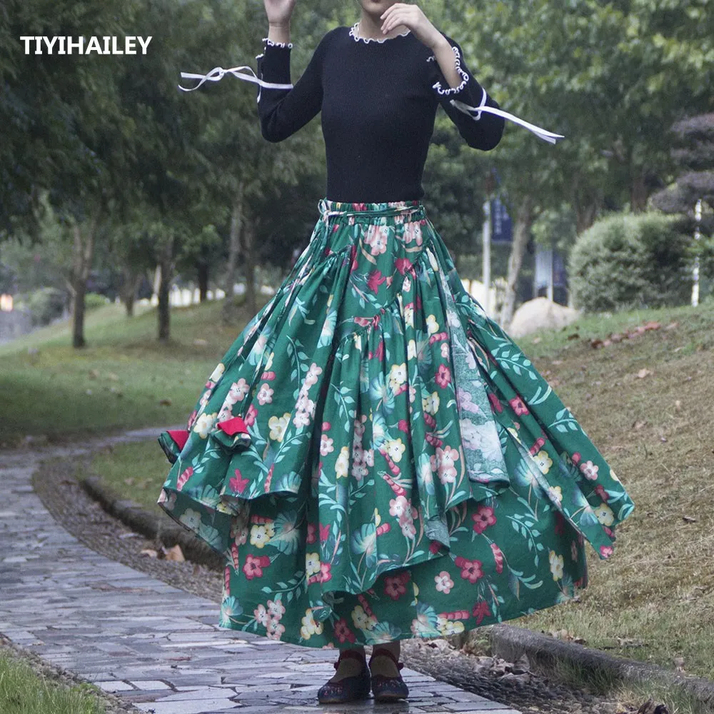 TIYIHAILEY Free Shipping 2021 Fashion Long Maxi A-line Elastic Waist Women Cotton Linen Print Flower S-2XL Irregular Green Skirt verngo velour mermaid prom dresses strapless satin long floor length evening gowns women simple formal dress 2021