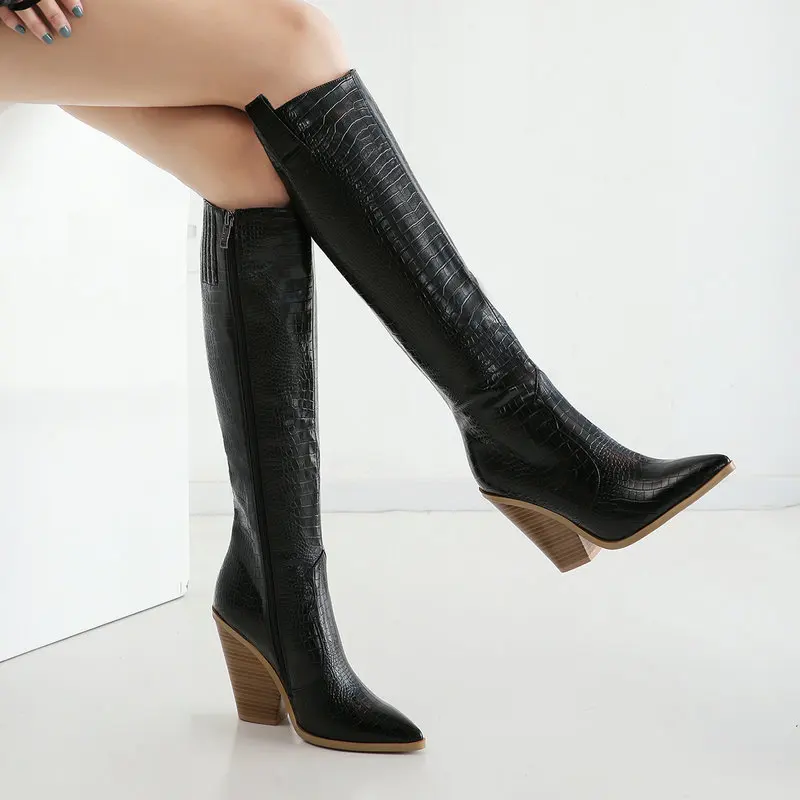 

Western Cowboy Women Boots Fashion Knee High Boots Faux Leather Wedges High Heel Long Boots Autumn Winter Zipper Boots Woman