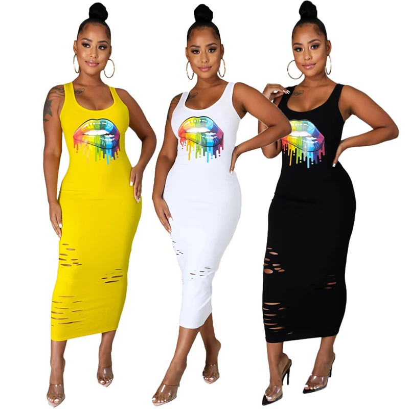 

Autumn Casual Dress European and American Lips Print Hole Women's Solid Color Sleeveless Tight Dress for Women