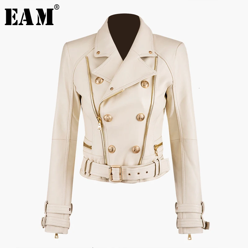 [EAM] короткая куртка свободного кроя на молнии из искусственной кожи, новинка, Женское пальто с отворотом и длинным рукавом, модное осенне-зимнее пальто, 1D786