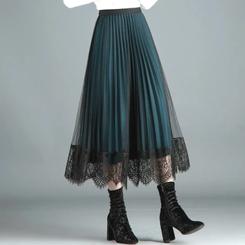 

[Wear on Both Sides] High Waist Pleated Skirt Female Spring and Autumn New Elastic Waist Lace Skirt Mid-length Women Skirt