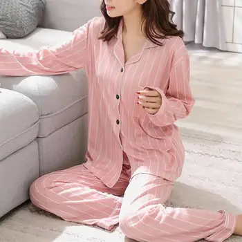

Ladies Summer Nightwear Hot Sale Fashion Women Stripe Pajamas Sets Long Sleeve Sleepwear 2 Piece Sets Mujer Femme Homewear M-2XL