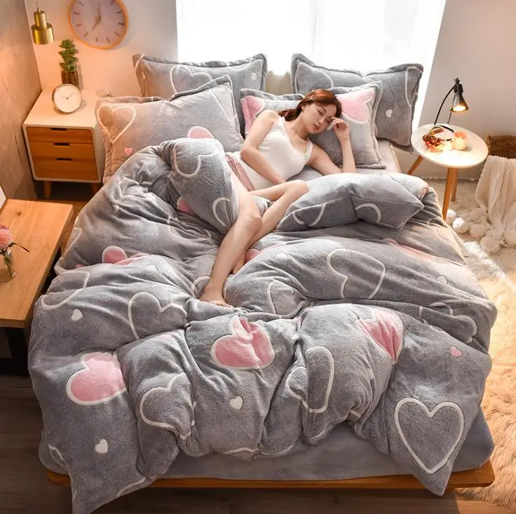 Winter Flannel Fleece duvet cover single Comforter cover Home textile 1pc cartoon Solid warm quilt cover Velvet bedcover - Цвет: L