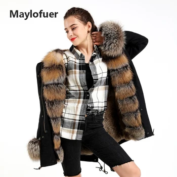 

Maylofuer Real Fox Fur Parka Hooded Detachable Rabbit Fur Liner Jacket with Fur Cuffs on Sleeves Women Winter Fashion Fur Coats
