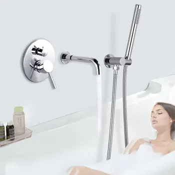 

Chrome Polished Bathtub Faucet Wall Mounted Bathroom Tub Mixer Tap Rotate Spout Brass Hand Shower Head And Holder Bracket Set
