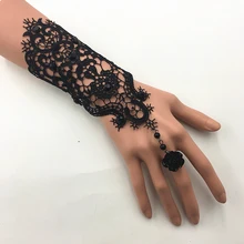 

1 Pair Lace Fingerless Gloves Women Gothic Floral Steampunk Wristband Ring Imitation Pearl Handmade Bridal Bracelet Ring Set