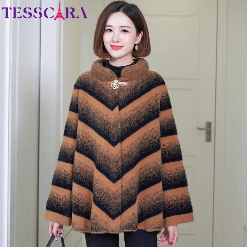 TESSCARA Women Winter Elegant Faux Fur Cloak Jacket Coat Female Basic Jackets High Quality Outerwear& Coats Plus Size M-4XL