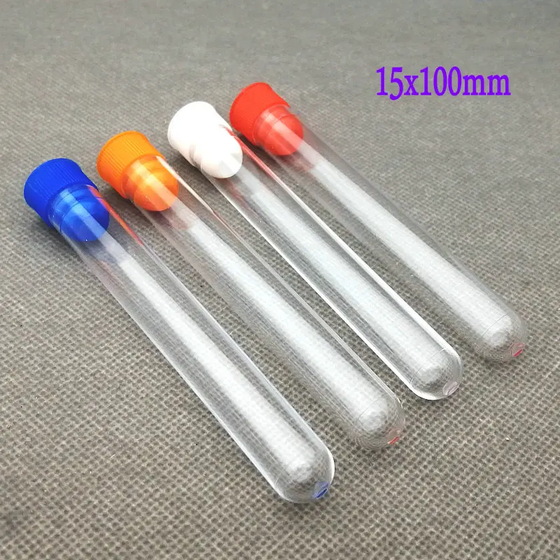 

50pcs 15*100mm Lab Clear Plastic Round Bottom Test Tube , Dried Flowers Candy Vial with Color Cap Wedding Gift Bottle