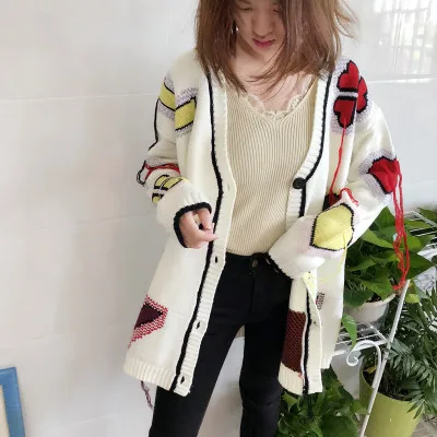 Cardigan Sweater women Tassel button V-neck fashion female love print knit long loose big yards winter clothes LXJ966