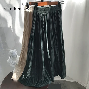 

CamKemsey Autumn Winter Vintage Velvet Long Pleated Skirts Women 2020 Korean Chic Elastic High Waist Evening Party Maxi Skirts