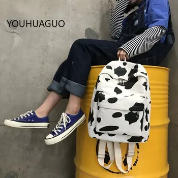 

2020 Summer New Fashion Preppy Style Women Cow Printing Canvas Backpacks Female Casual Students School Bags Shoulder Bags