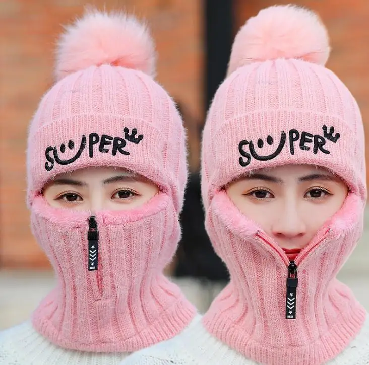 Розовый Зимние женские шапки Skullies Beanies Embriodery с буквами смайлик шапки на молнии украшения Gorror меховые шапки с помпонами - Цвет: Розовый