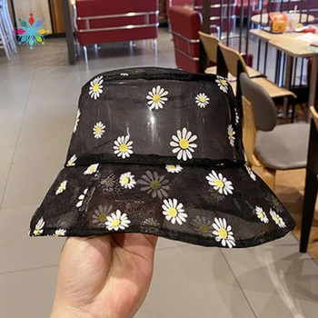 

Daisies Embroidered Buckets Hat Women Transparent Lace Flower Beach Panama Hats High Top Snapback Fashion Daisy Sun Cap Summer