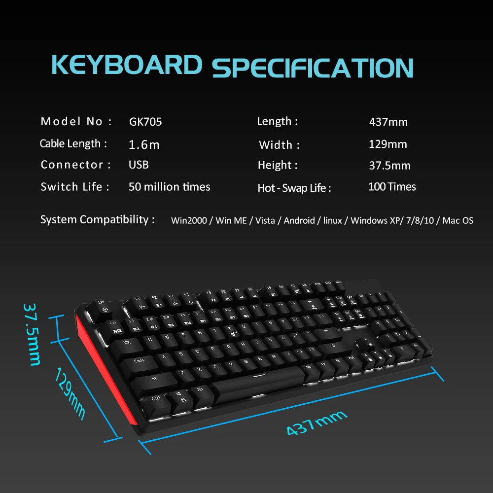 HEXGEARS GK705 Hot Swap Switch Mechanical Keyboard 104 Keys RU/US Waterproof Wired Gaming Keyboard Anti-Ghosting Backlit For PC