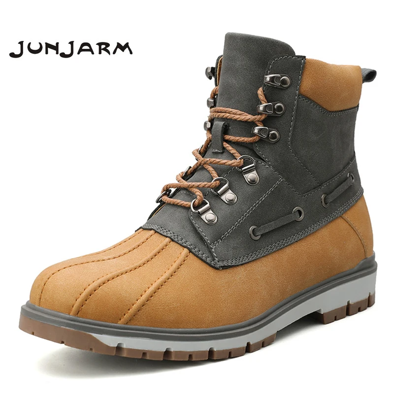 

JUNJARM Genuine Leather Men Snow Boots Winter Men Boots Warm Plush Men Ankle Boots Handmade Waterproof Rubber Boots Big Size 47