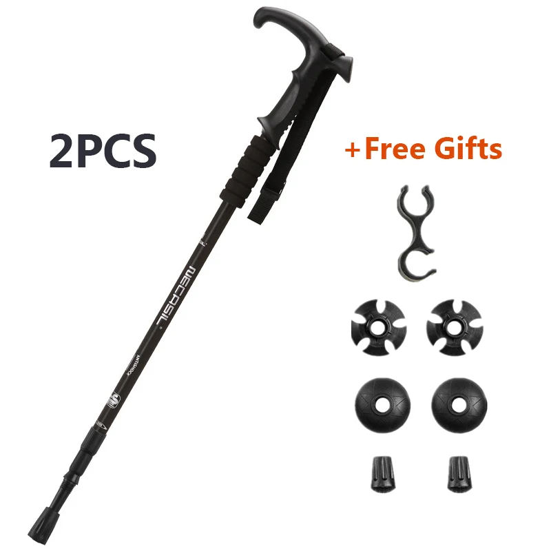 2pcs/lot T-handle Trekking Hiking Walking Stick Nordic Walking Cane Aluminum Ski Camping Telescopic Baton Outdoor - Цвет: 135cm black