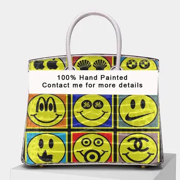 

ART Hand painted Smiley Women handbag Really togo leather Genuine Leather Shoulder Bag Retro Crossbody Bag Large Capacity bags