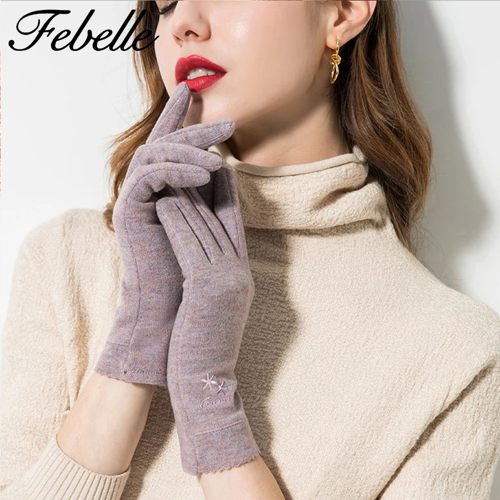 Зимние женские замшевые перчатки Febelle с сенсорным экраном, теплые толстые кашемировые перчатки на палец, женские шерстяные перчатки с флисовой подкладкой