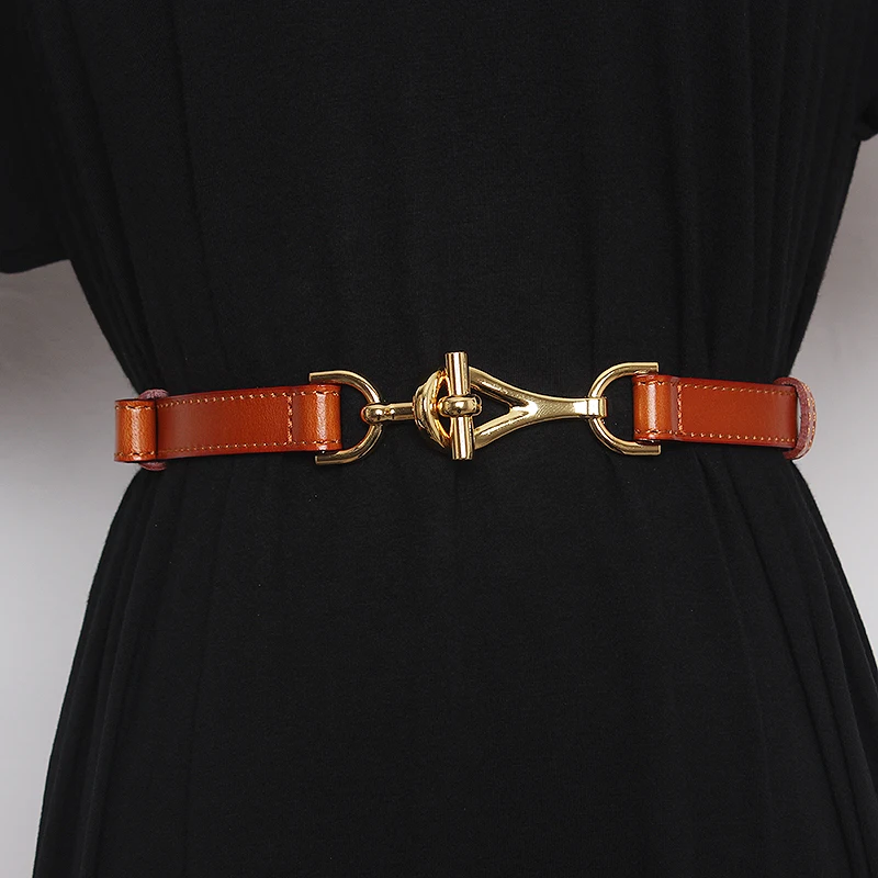 Retro Golden Horse Buckle With Skirt Sweater Leather Waist Belt Decoration Coat Fashion Leather Belt Lady pearl belt