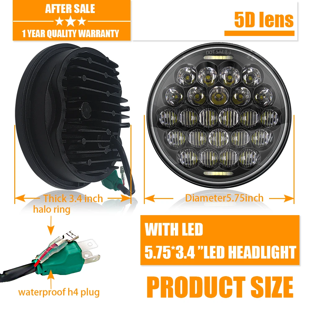 

5D Black Motorcycle 5.75" 5 3/4 LED Headlight Projector for Harley Sportster Custom Harley Motorcycle Lights