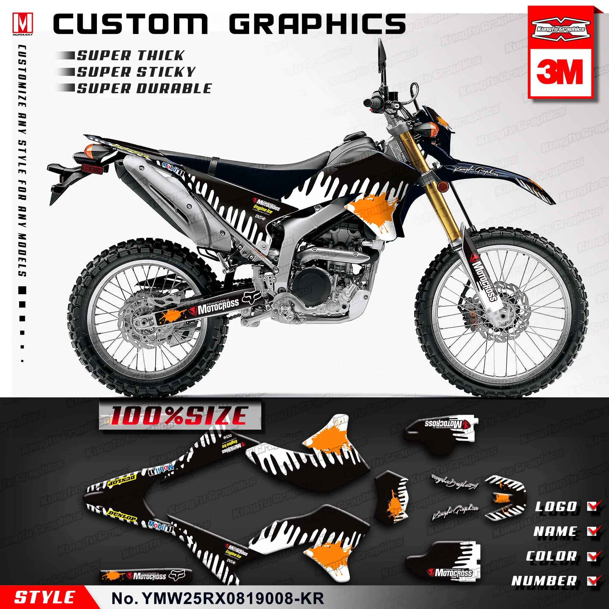 KUNGFU графика MX Набор наклеек наклеяка на гоночный автомобиль обертывание для Yamaha WR250R WR250X 2008 до черный белый(Стиль № YMW25RX0819008-KR
