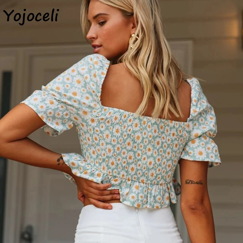 Yojoceli squre шеи цветочный принт блузки рубашка для женщин boho пляжные укороченные топы