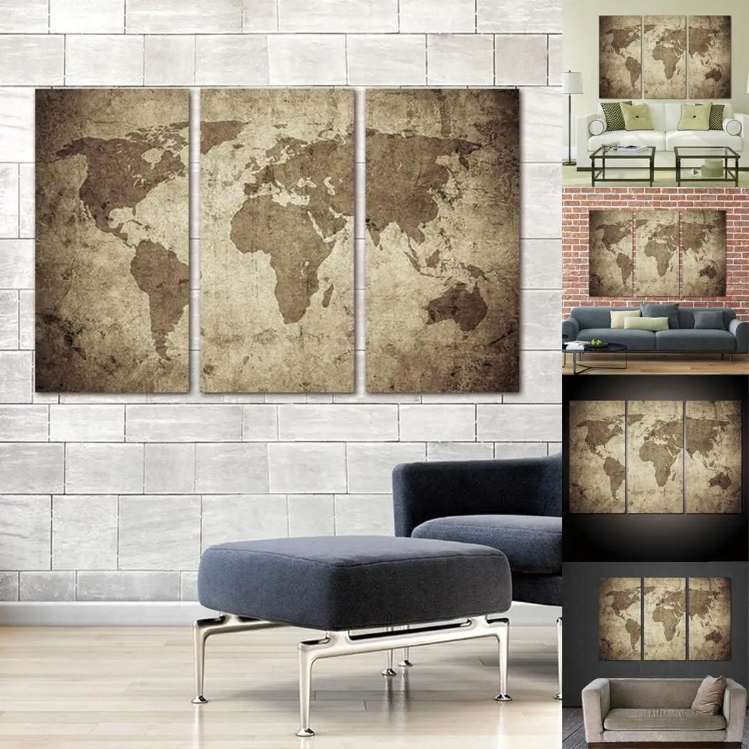 

3Pcs World Map Canvas Painting Vintage Home Style As Picture Wall Art Decoration