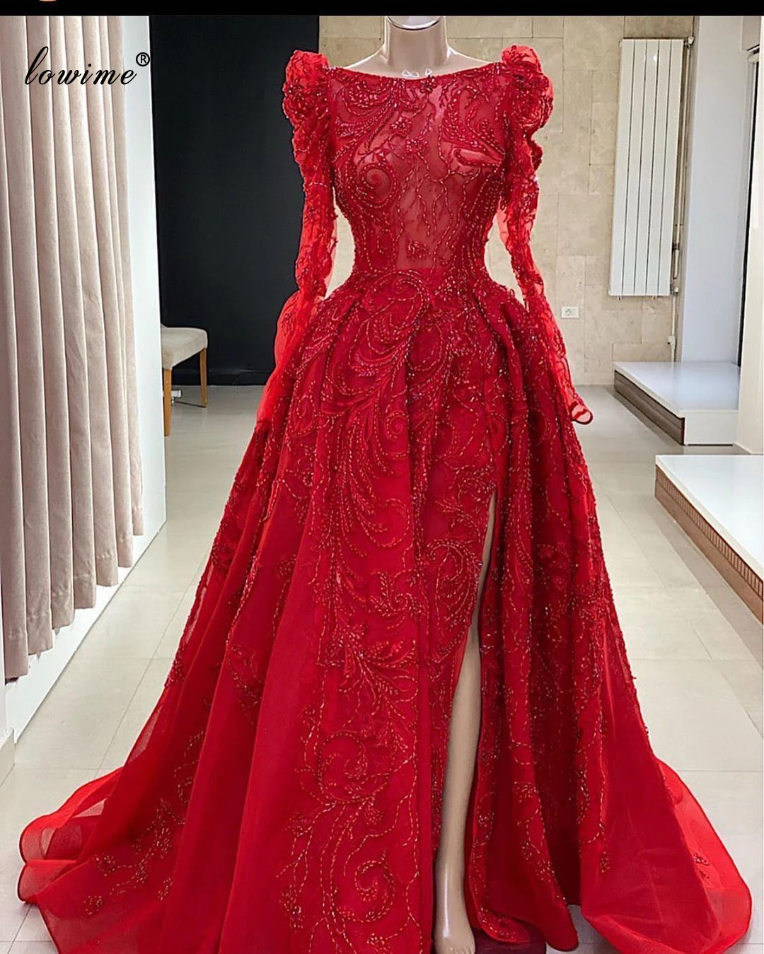 Женское свадебное платье с длинным рукавом красное ТРАПЕЦИЕВИДНОЕ ПЛАТЬЕ