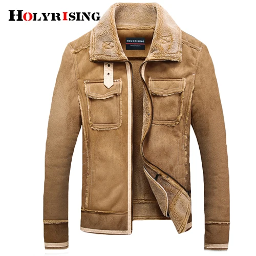 Holyrising мужские меховые куртки ягненка винтажные карманы пальто на молнии мужские шерстяные пальто мягкая мотоциклетная куртка для отдыха 18948-5 - Цвет: Khaki