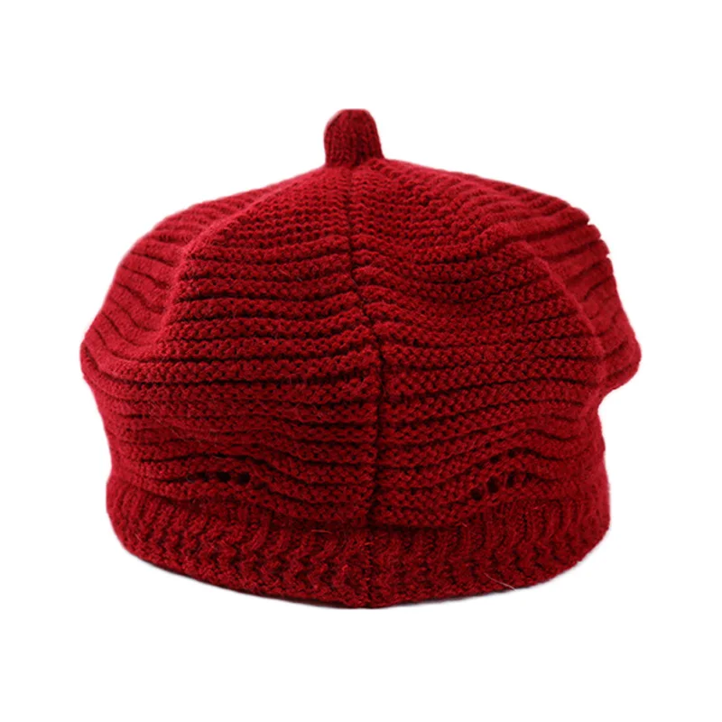 Женский двухслойный однотонный Зимний вязаный восьмиугольный берет шапки на